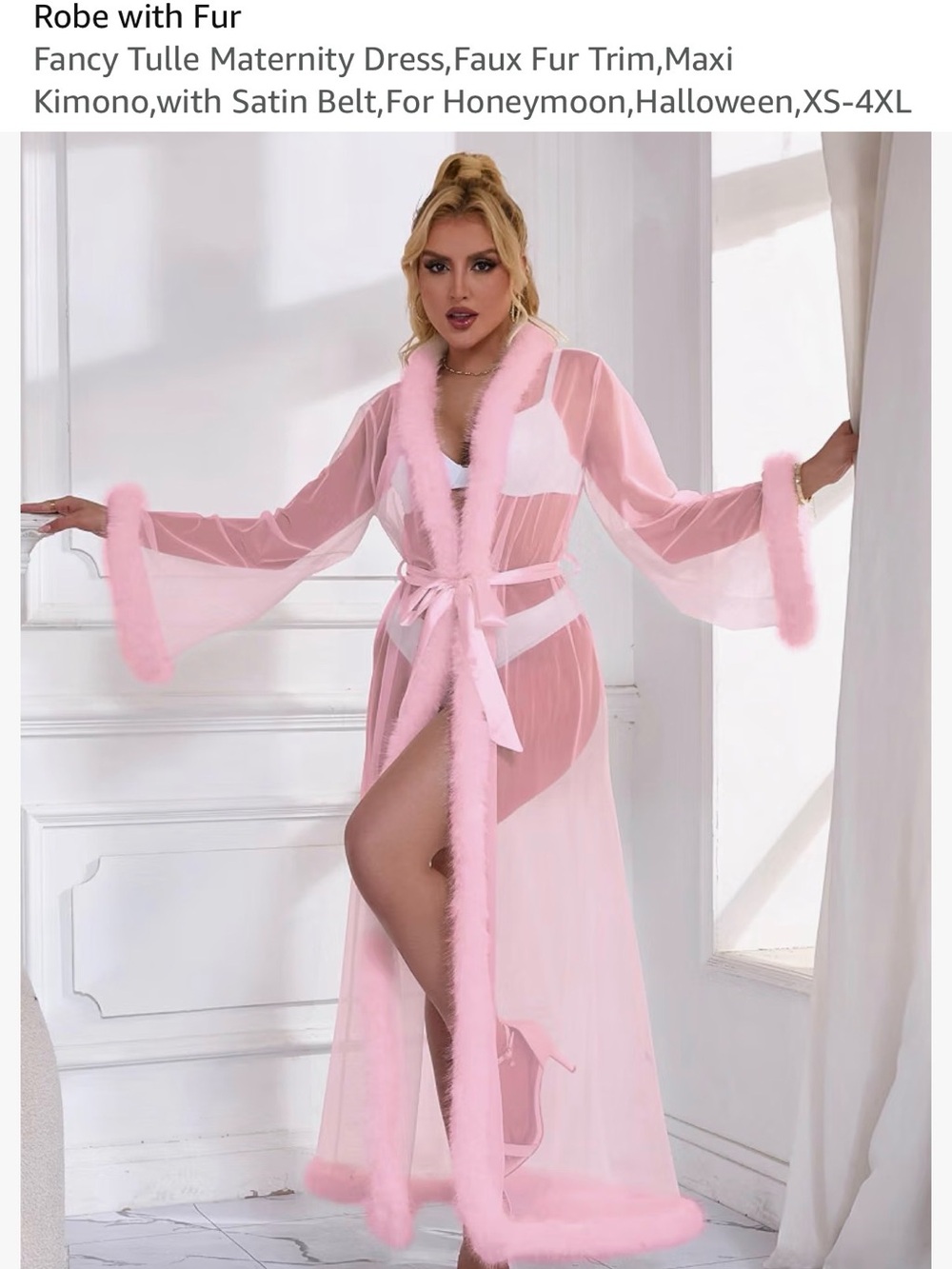 Amazon Sheer Pink Tulle Maxi Robe with Faux-Fur Trim and Satin Tie